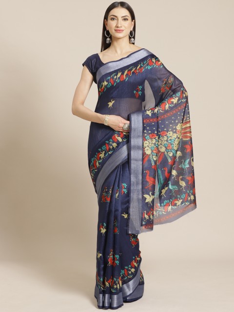 

KALINI Navy Blue & Mustard Yellow Birds & Floral Printed Saree