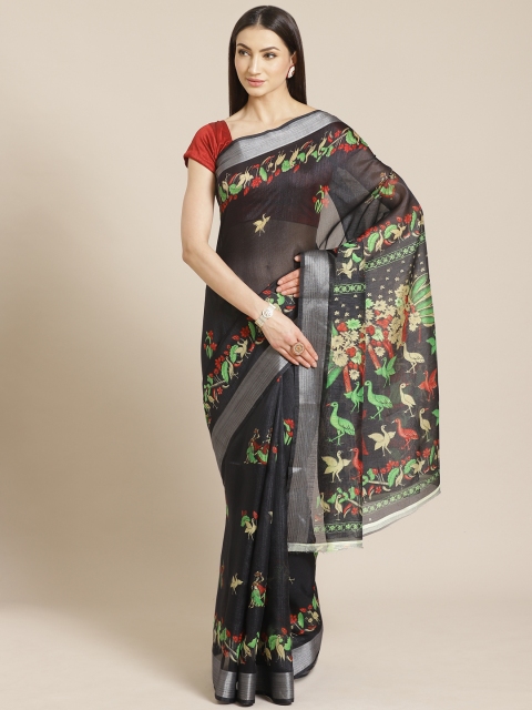 

KALINI Black & Red Birds & Floral Printed Saree