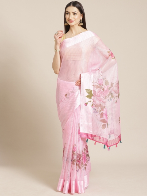 

KALINI Pink & Olive Green Self-Checked with Floral Printed Kota Saree