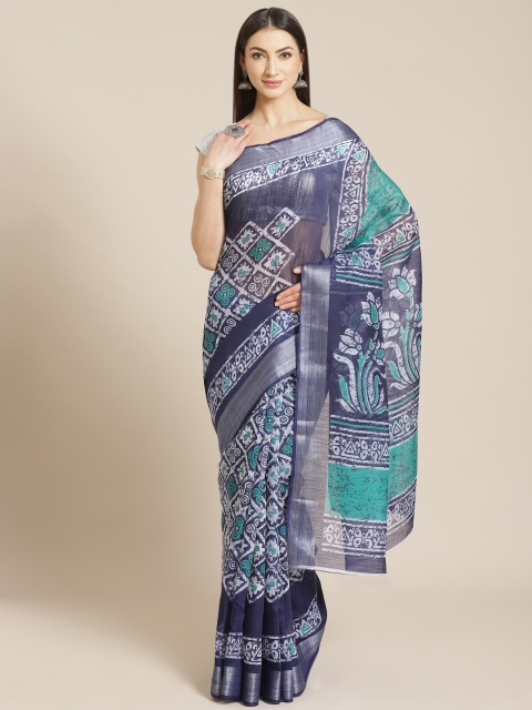 

KALINI Navy Blue & Off-White Ethnic Printed Saree