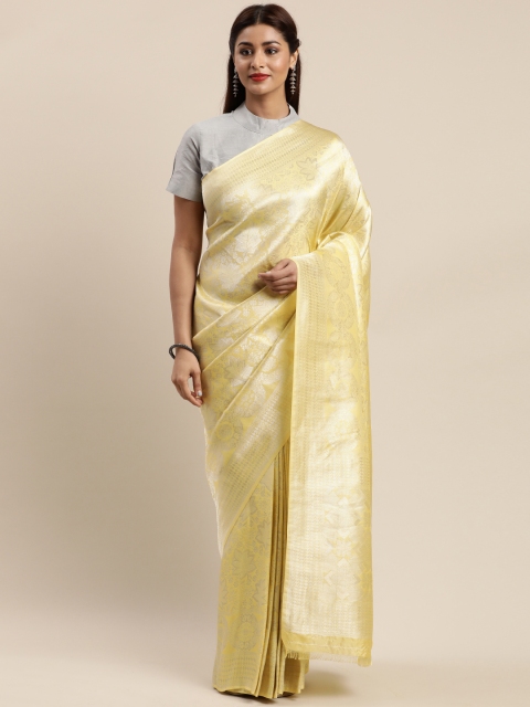 

GoSriKi Yellow & Silver-Toned Art Silk Woven Design Saree