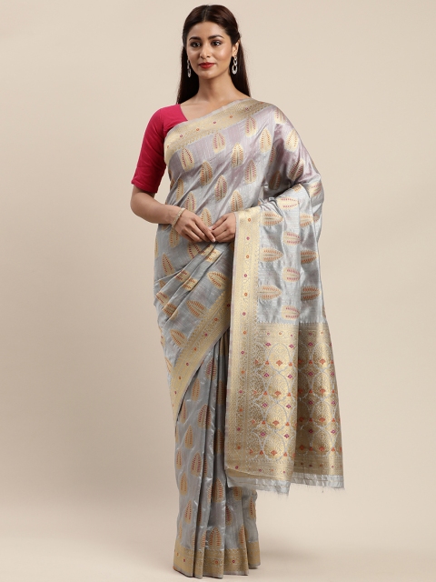 

GoSriKi Grey & Gold-Toned Art Silk Woven Design Saree