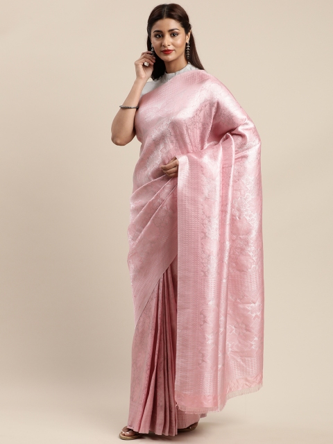 

GoSriKi Pink & Silver-Toned Art Silk Woven Design Saree