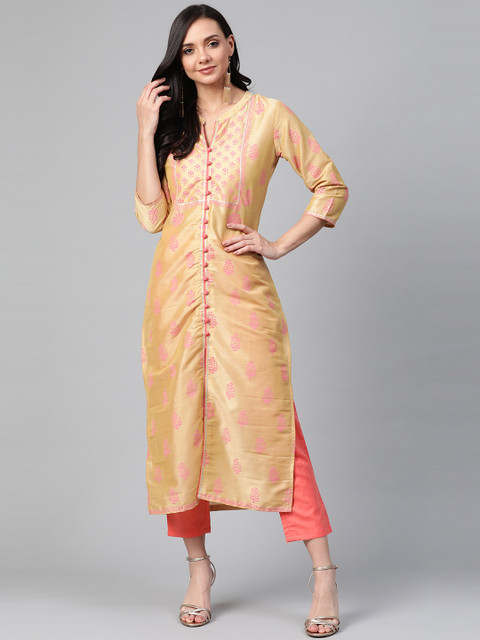 

PINKSKY Women Golden & Coral Pink Hand Block Print Sustainable Kurta with Trousers, Gold