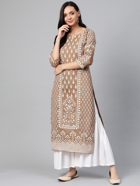 

PINKSKY Women Brown & White Ethnic Motifs Block Print Kurta with Sharara