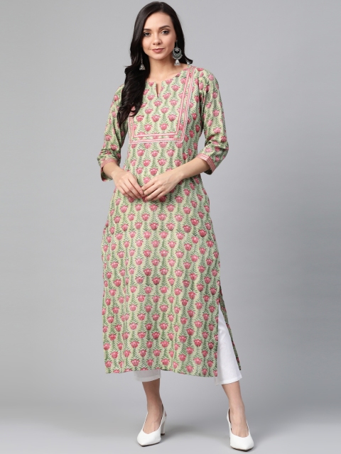 

PINKSKY Women Green & White Sustainable Hand Block Print Kurta with Trousers