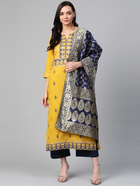 

PINKSKY Women Mustard Yellow & Navy Blue Hand Block Print Sustainable Kurta with Palazzos & Dupatta