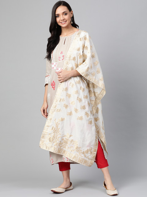 

PINKSKY Women Grey & Red Hand Block Printed Sustainable Kurta with Trousers & Dupatta