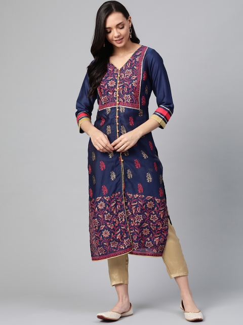 

PINKSKY Women Navy Blue & Golden Hand Block Printed Sustainable Kurta with Trousers
