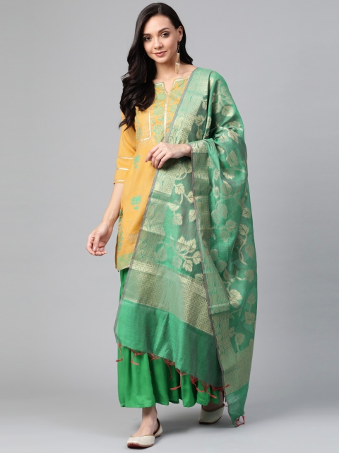 

PINKSKY Women Mustard Yellow & Green Hand Block Print Sustainable Kurta with Sharara & Dupatta