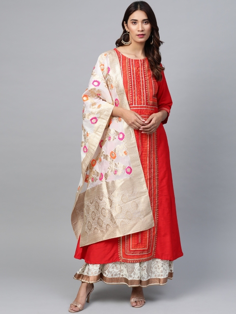 

PINKSKY Women Red & Golden Hand Block Printed A-Line Sustainable Kurta With Dupatta