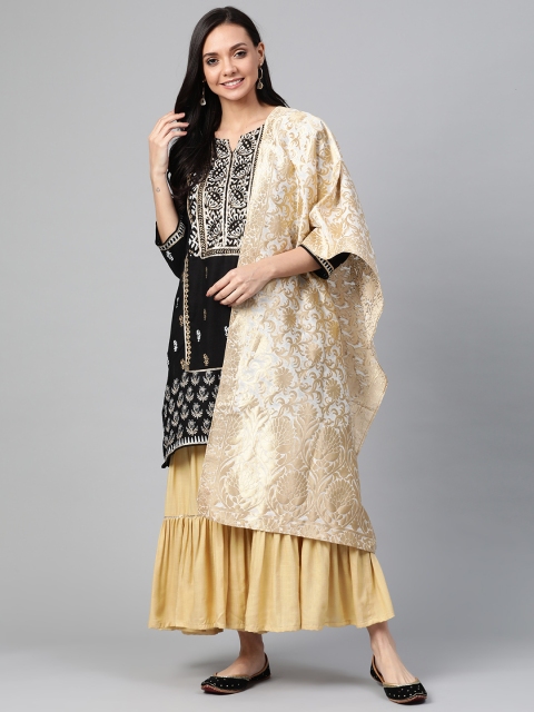 

PINKSKY Women Black & Beige Sustainable Hand Block Print Kurta with Sharara & Dupatta