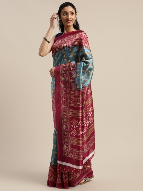 

Vaamsi Blue & Pink Art Silk Printed Saree