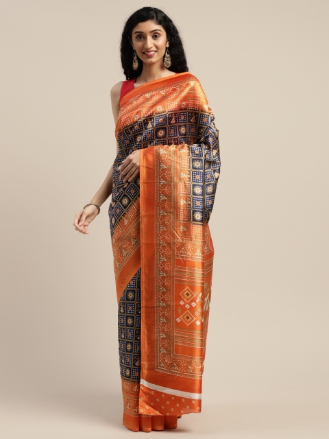 

Vaamsi Navy Blue & Orange Art Silk Printed Saree