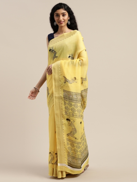 

Vaamsi Yellow & Black Art Silk Warli Printed Saree