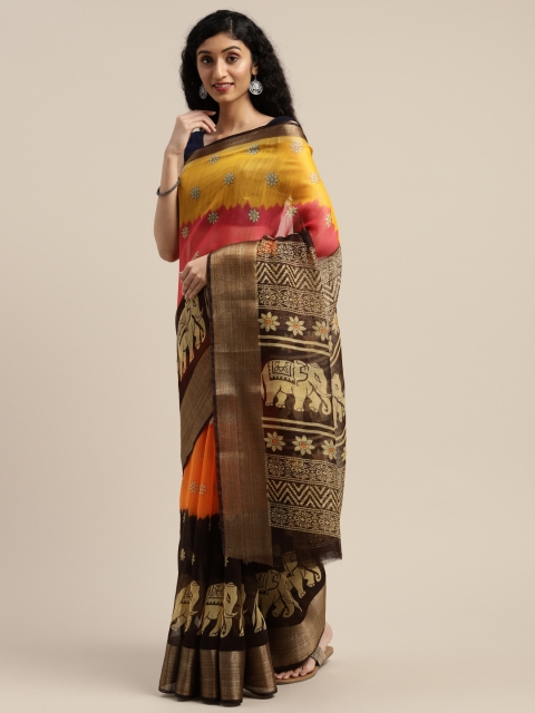 

Vaamsi Yellow & Brown Art Silk Floral Printed Saree