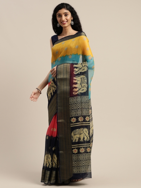 

Vaamsi Navy Blue & Yellow Art Silk Printed Saree
