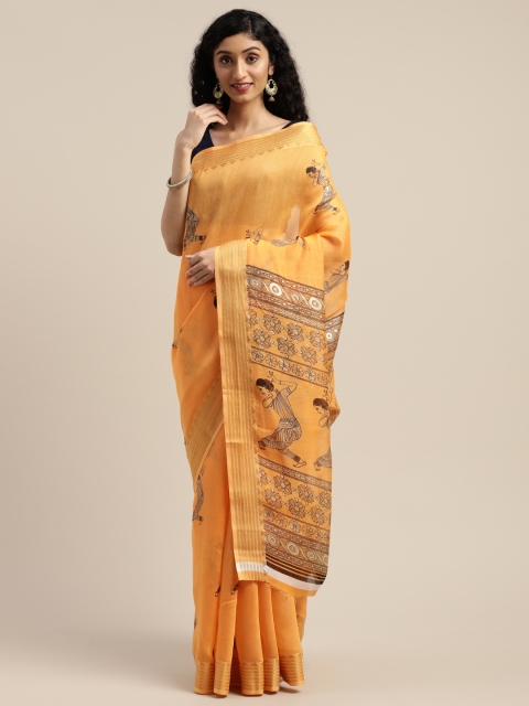 

Vaamsi Orange & Black Art Silk Warli Printed Saree