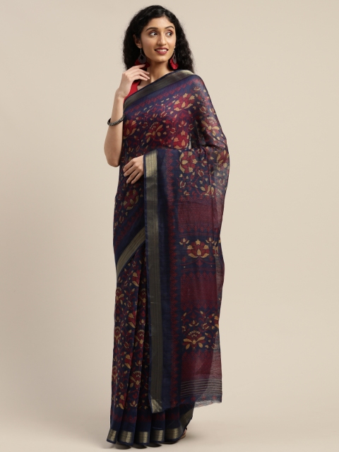 

Vaamsi Navy Blue Floral Printed Art Silk Saree