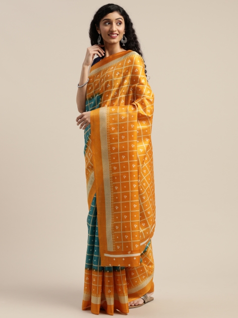 

Vaamsi Blue & Mustard Yellow Art Silk Checked Saree