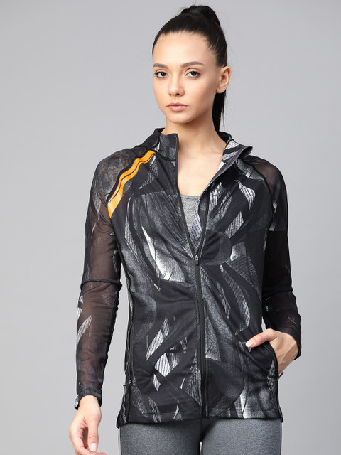 

Fitkin Women Black & Charcoal Grey Printed Reflective Strip Running Jacket