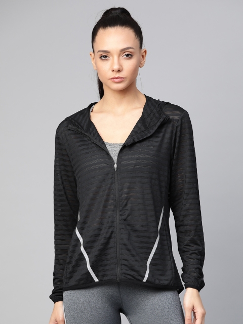 

Fitkin Women Black Striped Reflective Strip Hooded All-Weather Sporty Jacket