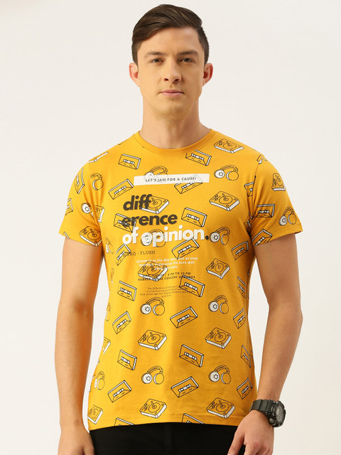 

Difference of Opinion Men Mustard Yellow Printed Round Neck Pure Cotton T-shirt