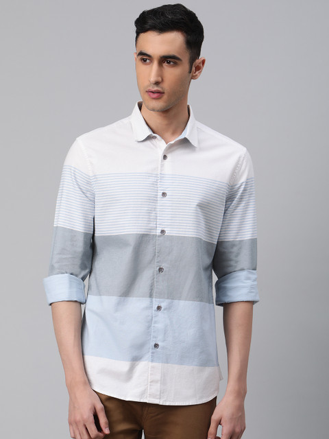 

Marks & Spencer Men White & Blue Slim Fit Striped Casual Shirt