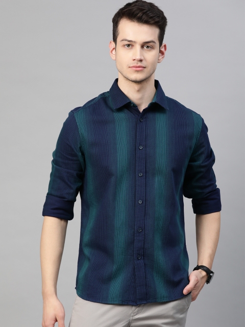 

Marks & Spencer Men Navy Blue & Green Cotton Striped Casual Shirt
