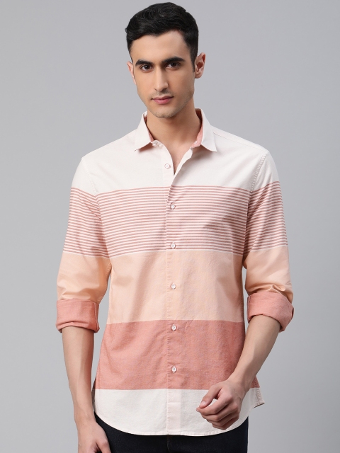 

Marks & Spencer Men Off-White & Peach-Coloured Striped Slim Fit Casual Shirt