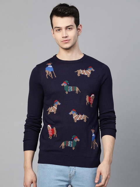 

Marks & Spencer Men Navy Blue & Beige Self Design Pullover Sweater