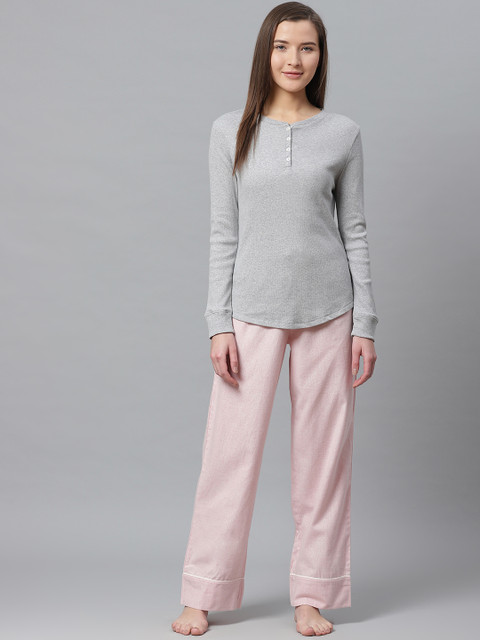

Marks & Spencer Women Grey Melange & Pink Solid Night Suit