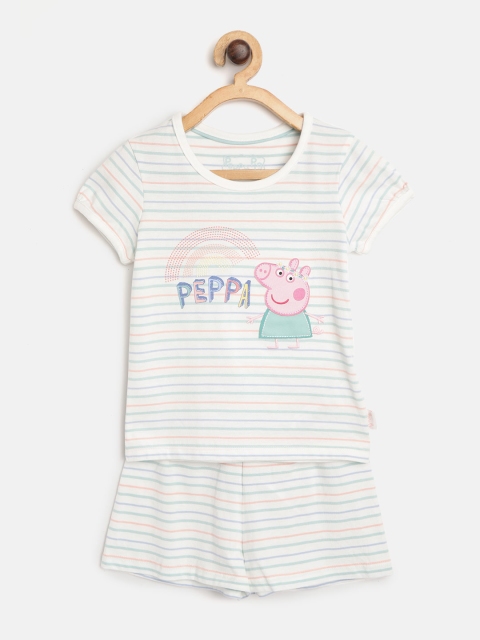

Marks & Spencer Girls White & Green Striped Night Suit with Pegga Pig Applique