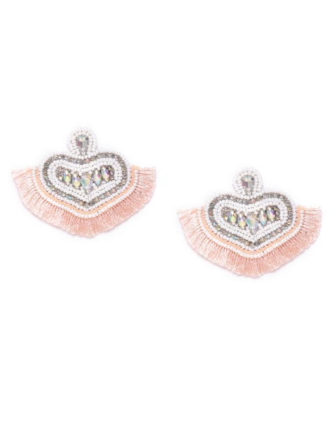 

DIVA WALK EXCLUSIVE White & Peach-Coloured Stone Studded & Beaded Fringed Heart-Shaped Drop Earrings