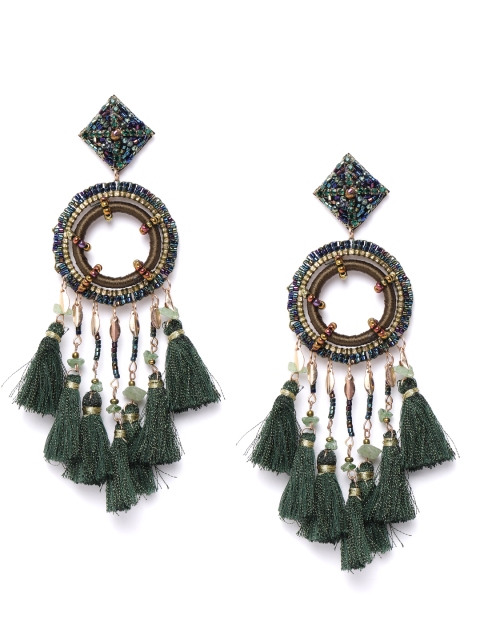 

ELLE Green & Blue Beaded Tasselled Contemporary Drop Earrings