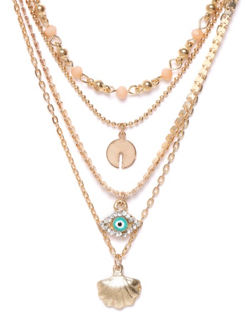 

DIVA WALK EXCLUSIVE Peach-Coloured Gold-Plated Stone Studded & Beaded Layered Evil Eye Charm Necklace