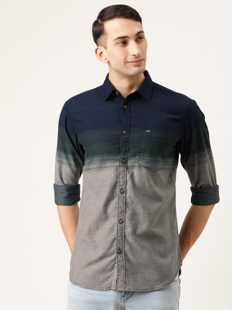 

The Indian Garage Co Men Navy Blue & Grey Slim Fit Colourblocked Casual Shirt