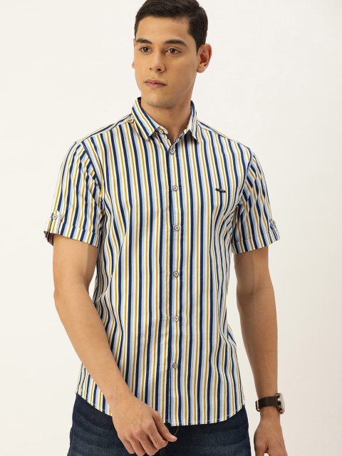 

The Indian Garage Co Men White & Navy Blue Slim Fit Striped Casual Shirt