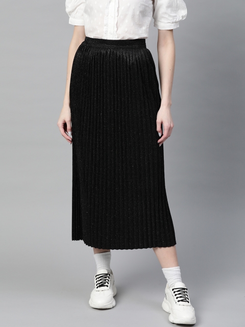 

SASSAFRAS Women Black Solid Accordion Pleated A-Line Skirt With Shimmer Detail