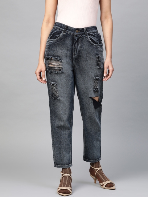

SASSAFRAS Women Navy Blue Relaxed Fit High-Rise Highly Distressed Stretchable Crop Jeans