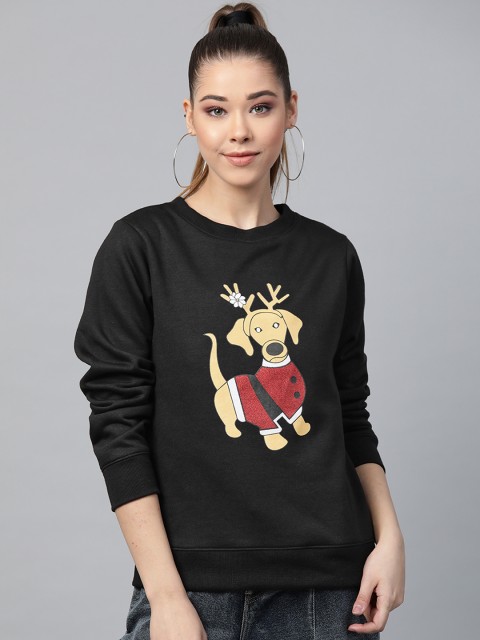 

SASSAFRAS Women Christmas Black Dog Print Sweatshirt