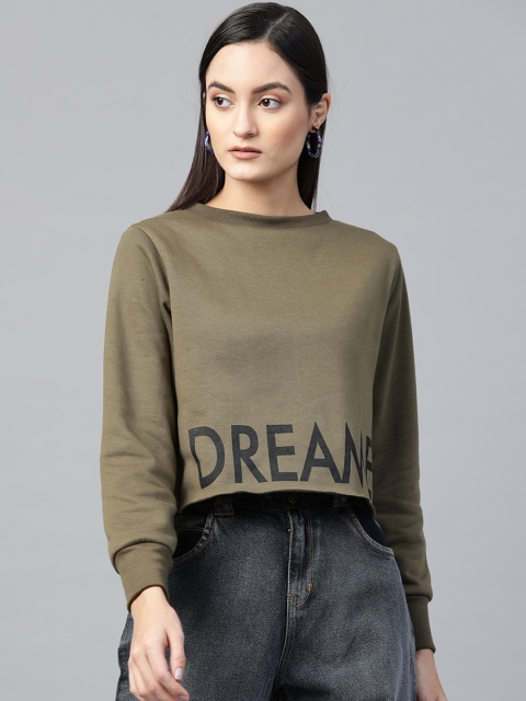 

SASSAFRAS Women Olive Green Solid Raw Hem Crop Sweatshirt