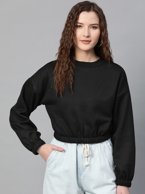 

SASSAFRAS Women Black Solid Cropped Sweatshirt