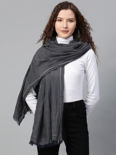 

SASSAFRAS Women Grey & Navy Blue Self Design Stole