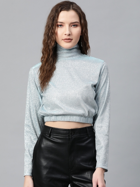 

SASSAFRAS Women Blue Shimmery Solid Cropped Blouson Top