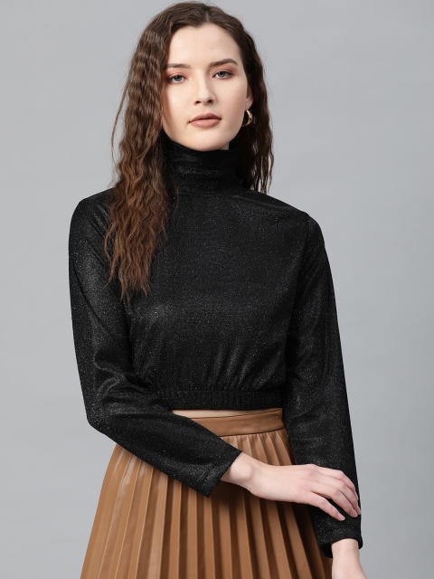 

SASSAFRAS Women Black Shimmery Solid Cropped Blouson Top