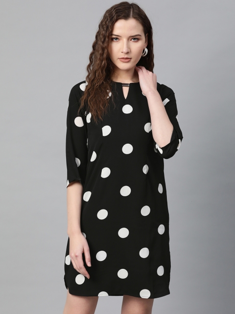 

SASSAFRAS Women Black & White Polka Dots Print Shift Dress