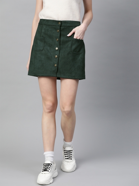 

SASSAFRAS Women Green Solid Mini A-Line Skirt With Suede Finish