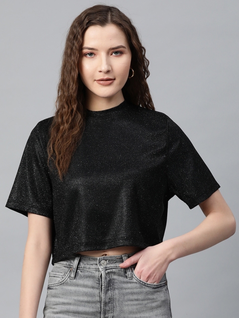 

SASSAFRAS Women Black Shimmery Solid Cropped Boxy Top