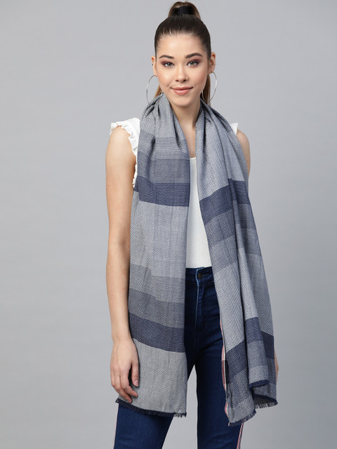 

SASSAFRAS Women Navy Blue & White Self Striped Stole